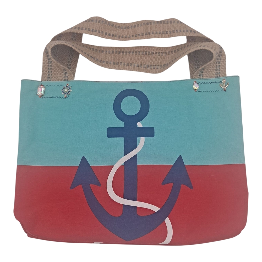 Unique Handmade Nautical Beach Tote Bag Anchor Design Red Blue Green With Charms